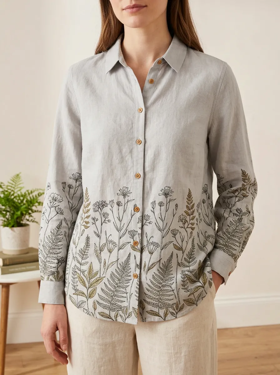 Women's Botanical Nature Lover Fern Wildflower Printed Shirt