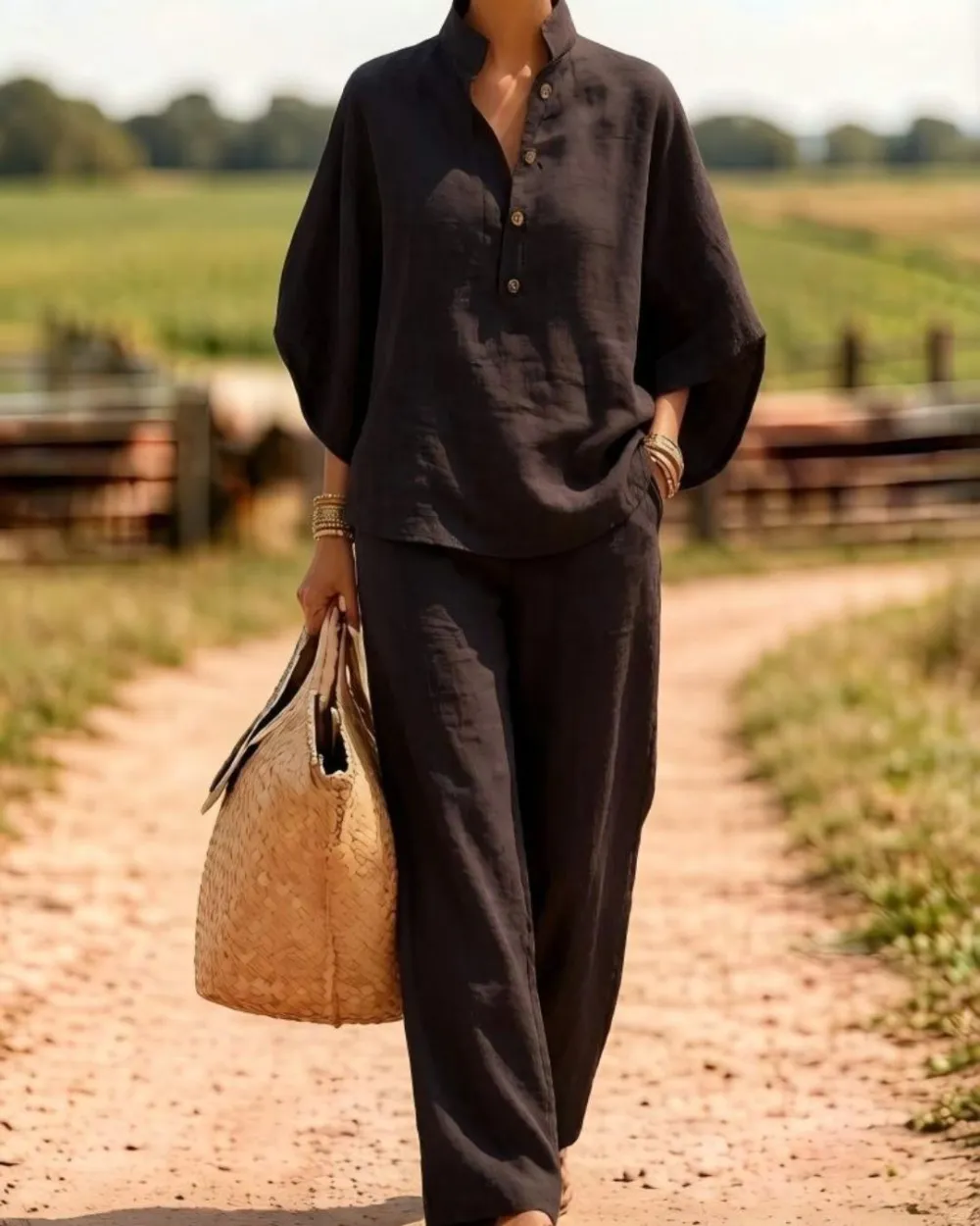 Batwing Sleeve Two-Piece Set Wide Leg Pants Coastal Chic Outfit