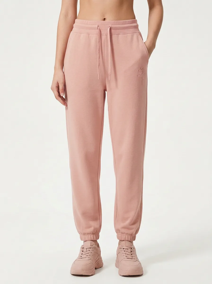 Women's Minimalist Floral Sage Green Embroidered Printed Joggers