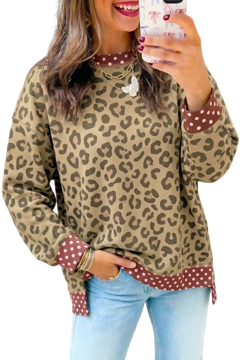 Polka Dot Relaxed Stretch Fabric Long Sleeve Top