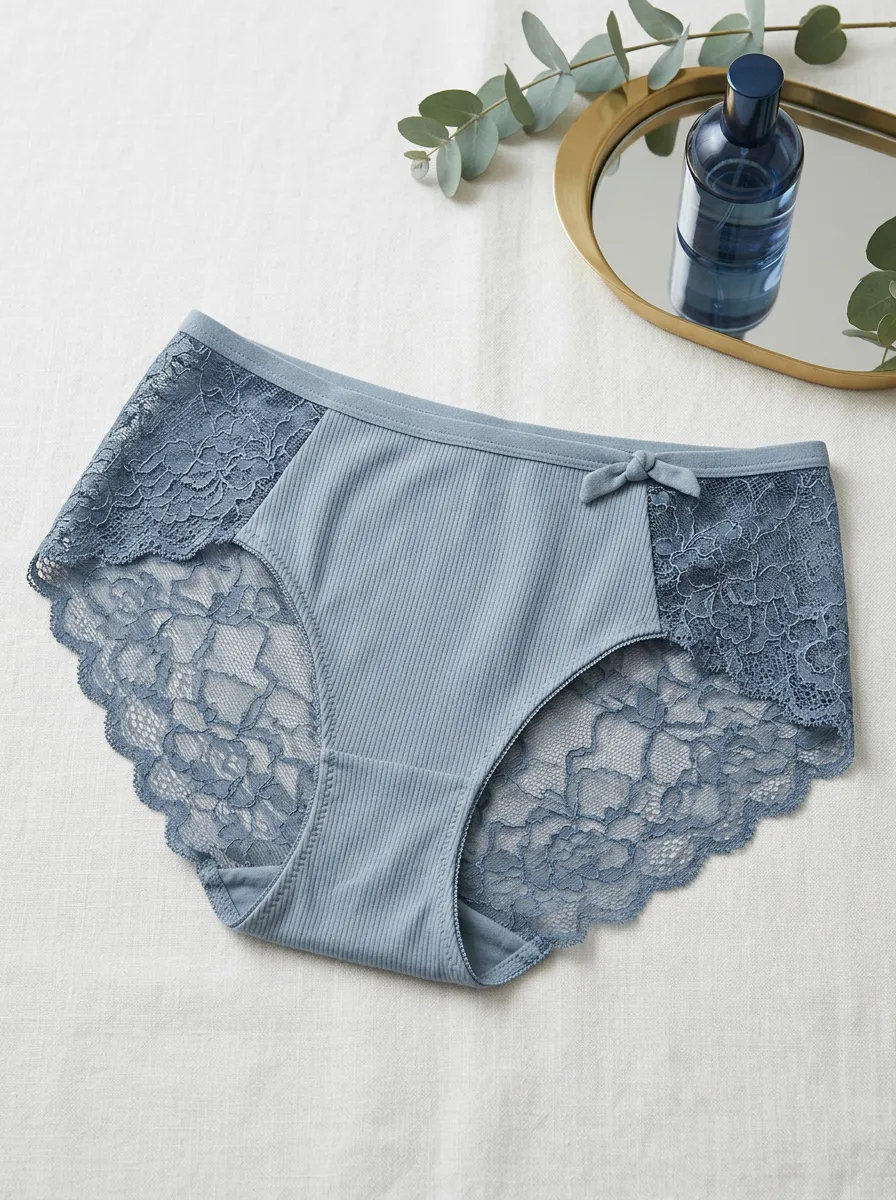 Women's Blue Ribbed Lace Trim Bowknot Panties