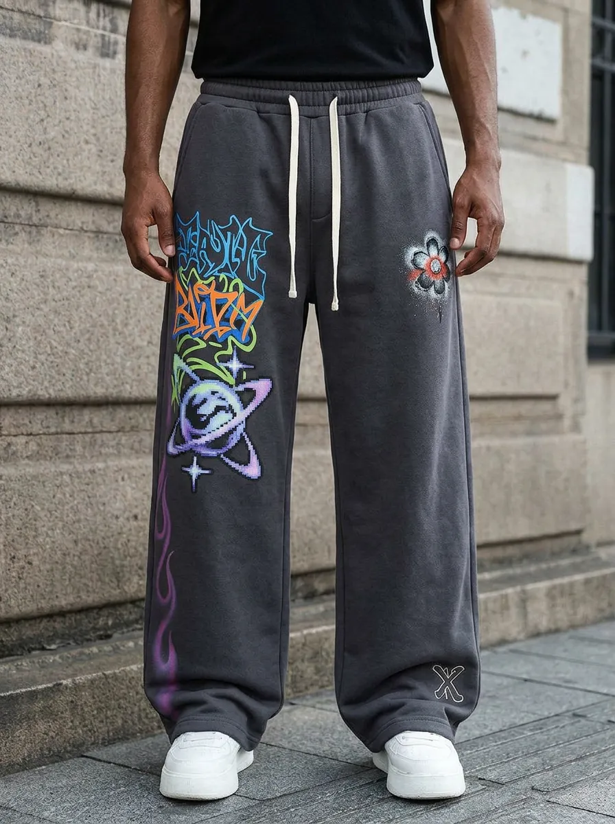 Unisex Skate-Inspired Streetwear Graffiti Floral Sweatpants