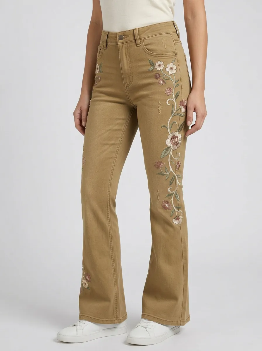 Women's Medium Wash Floral Embroidery Distressed Flare Jeans