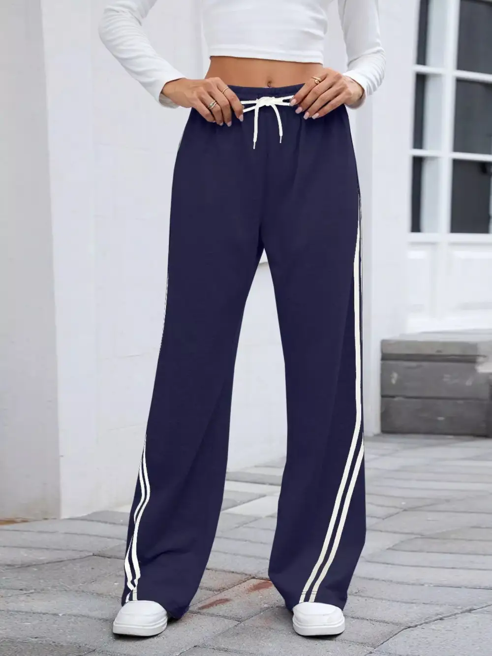 Wide Leg Striped Drawstring Everyday Pants