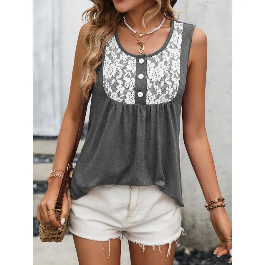 Lace Contrast Scoop Neck Tank