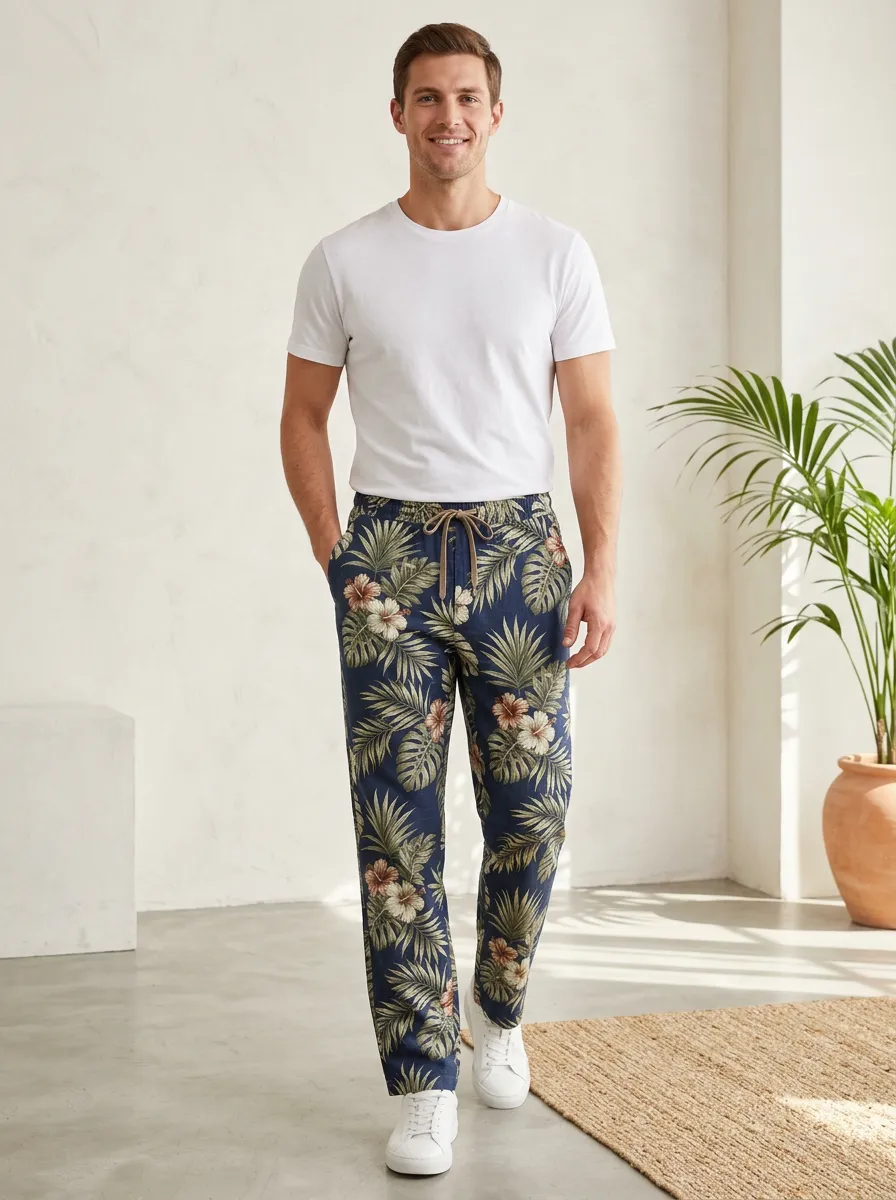 Men's Palm Leaf Hibiscus Printed Pants