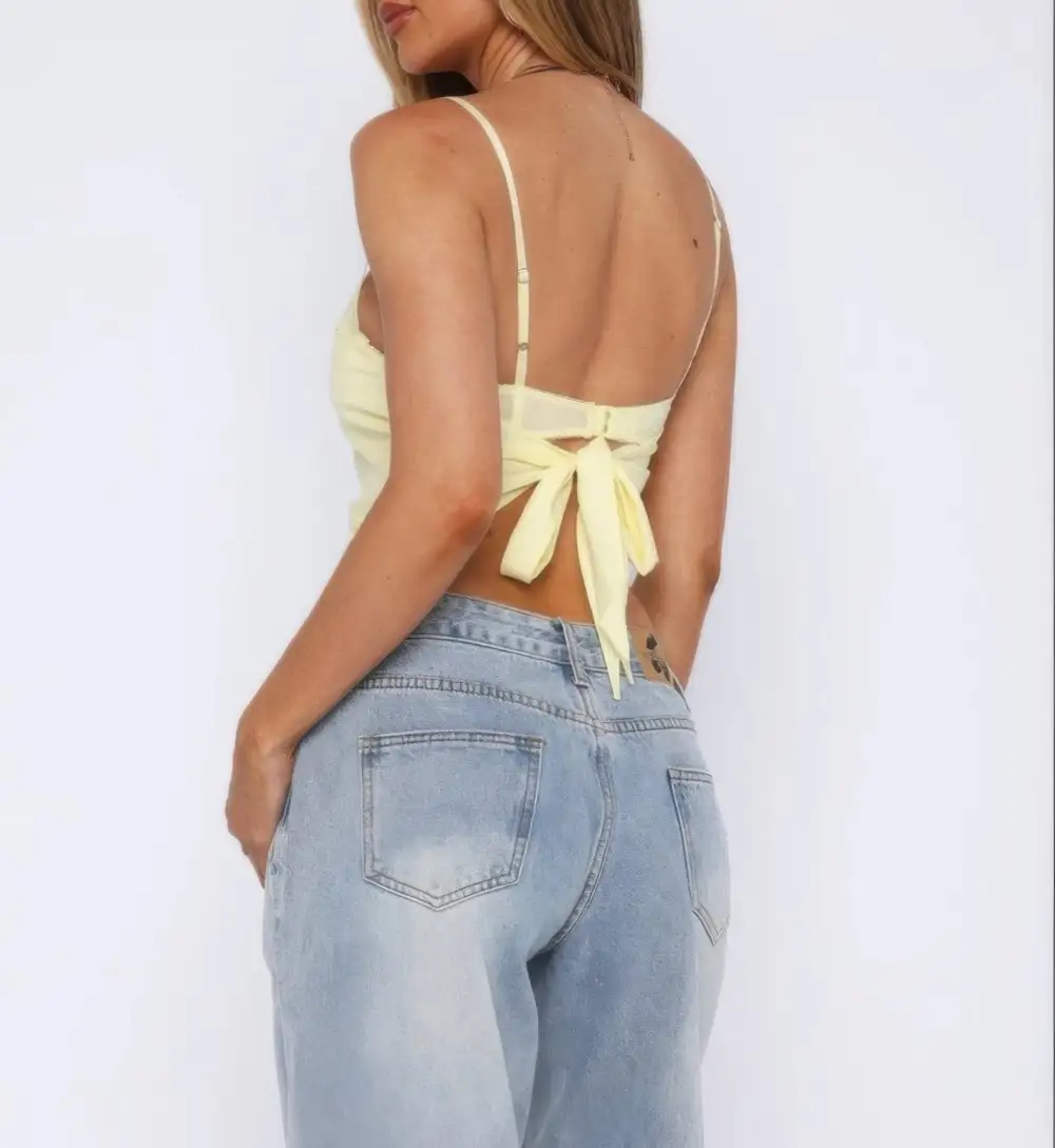 Solid Back Knot Lace Trim Sleeveless Shirt