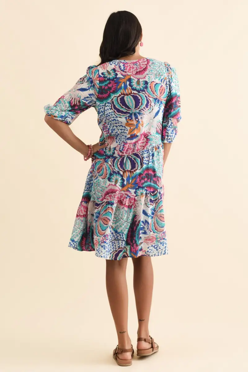 Floral Cotton Pocket Pleated V-Neck Half-Sleeve Above-Knee Dress