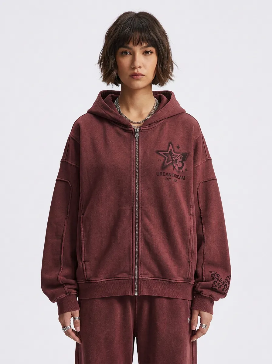 Women's Streetwear Urban Dream Butterfly Star Printed Zip-up Hoodie