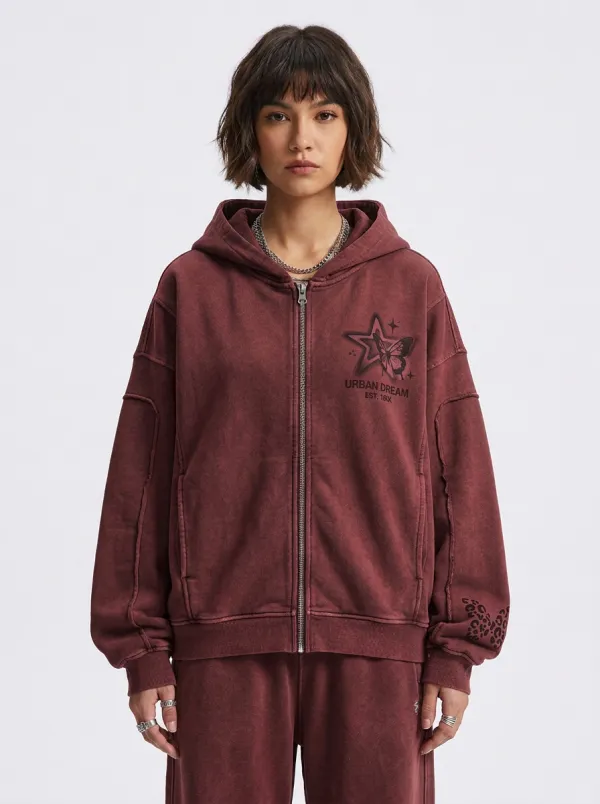 Women's Streetwear Urban Dream Butterfly Star Printed Zip-up Hoodie