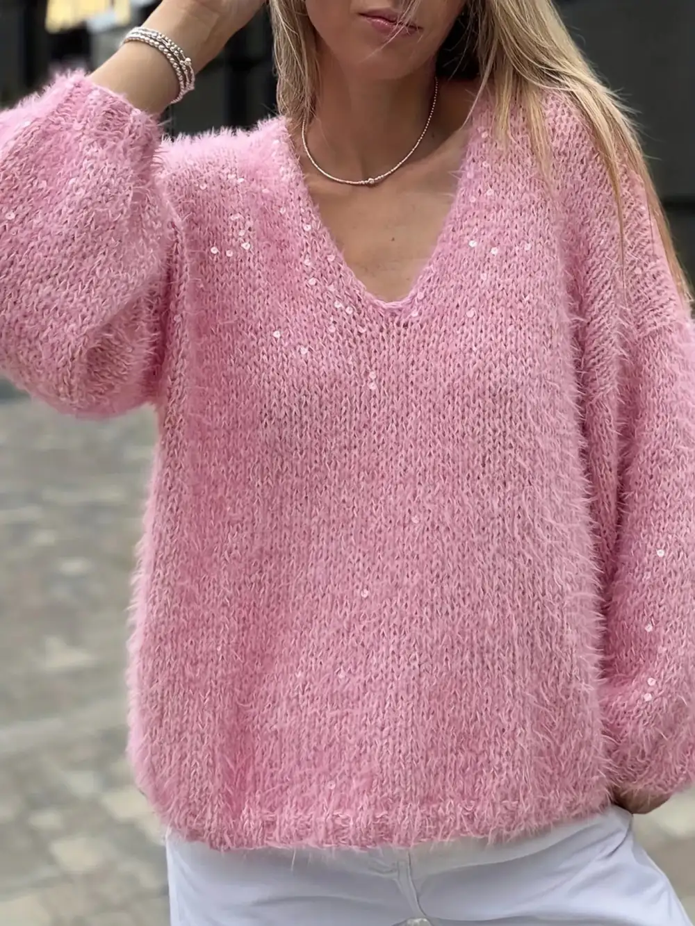 Sparkling Fuzzy V-Neck Knit Top