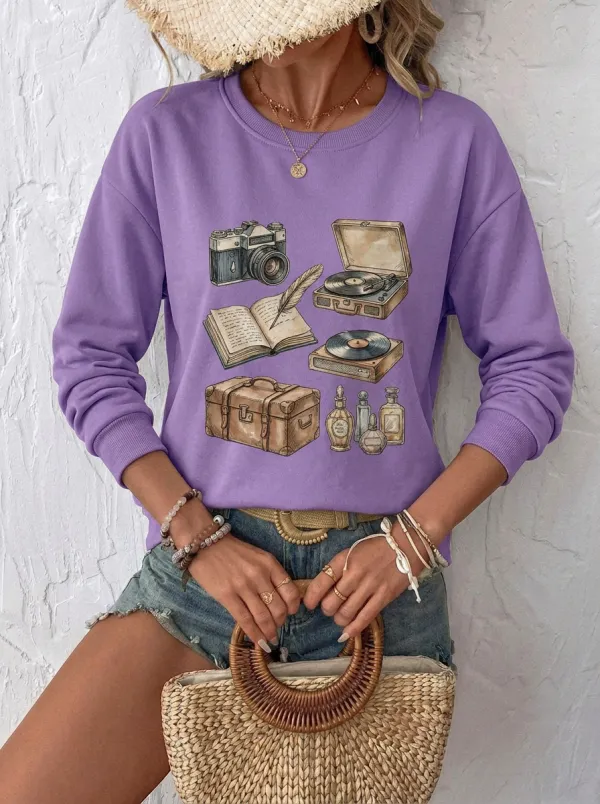Women's Vintage Aesthetic Camera Record Player Printed Sweatshirt