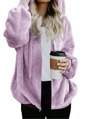 Womens Full Zip Up Sherpa Hoodie Fuzzy Fleece Jacket Oversized Fluffy Coat with Pockets