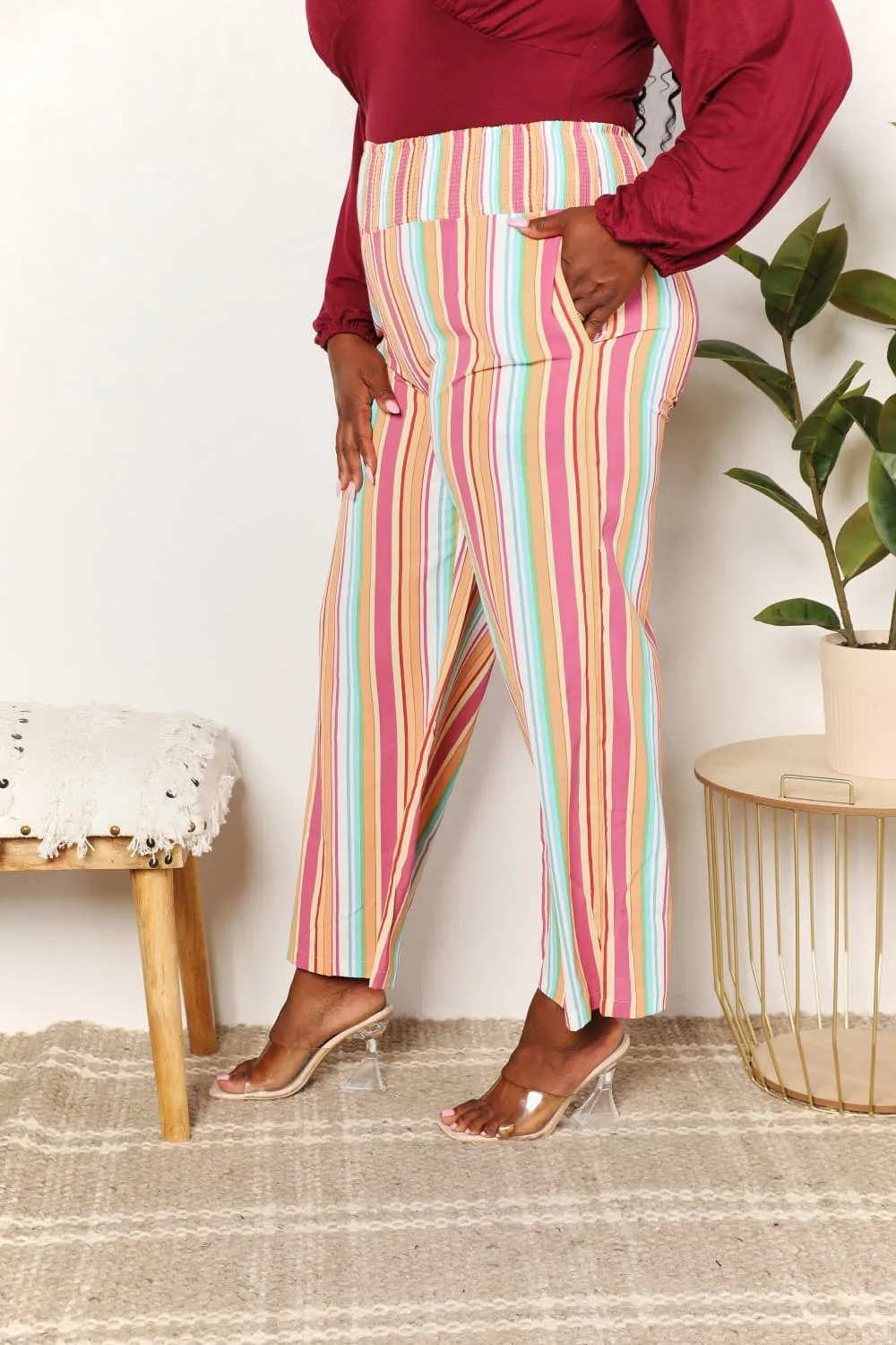 Daily Striped Smocked Waist Pants With Pocket