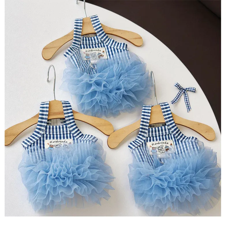 Blue Plaid Sling Pet Tutu Dress D-Ring, Soft Mesh Tulle Princess Summer Clothes for Small Dogs Cats