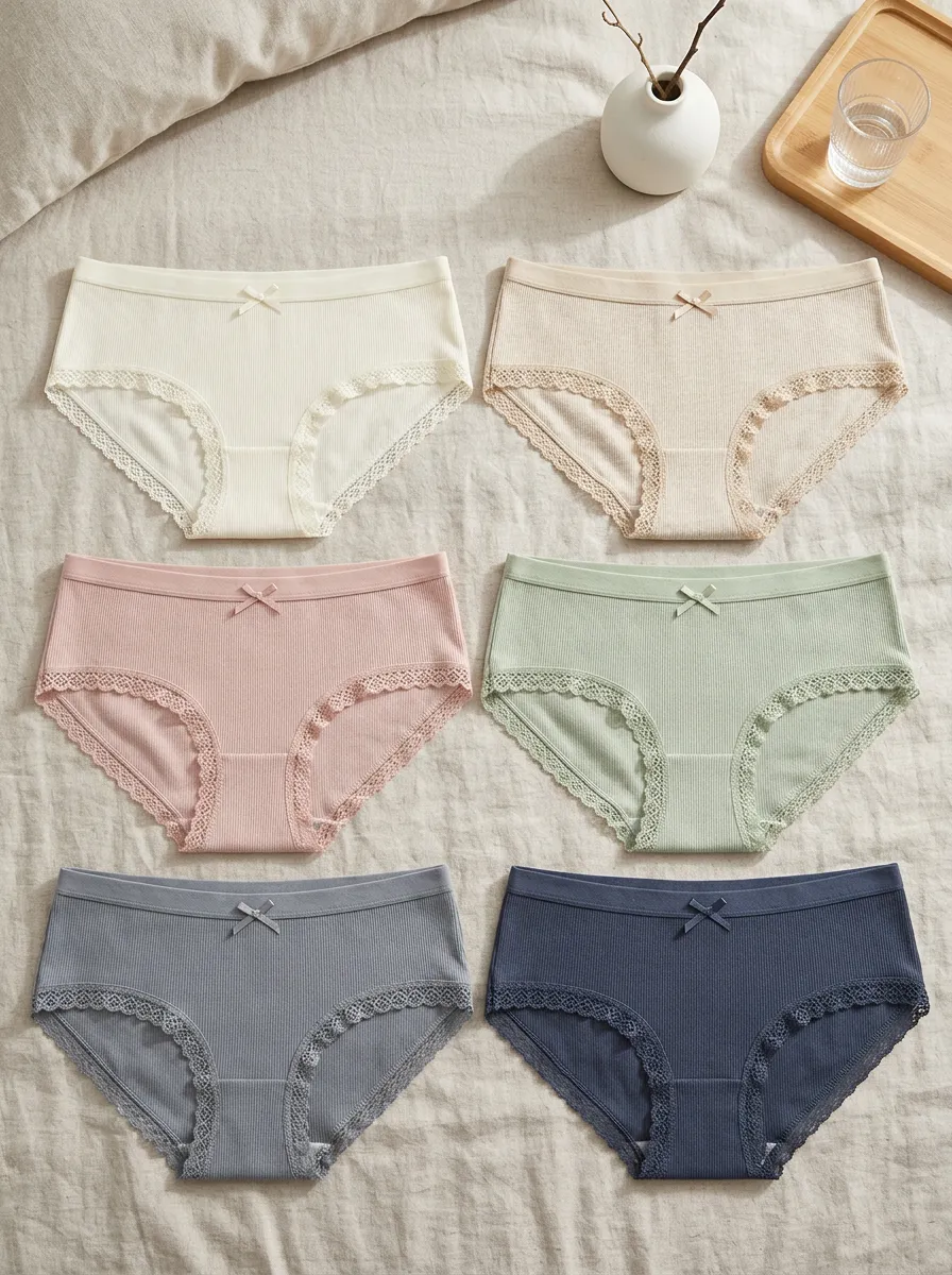 Women's Full-Coverage Ribbed Lace-Trim Briefs Set