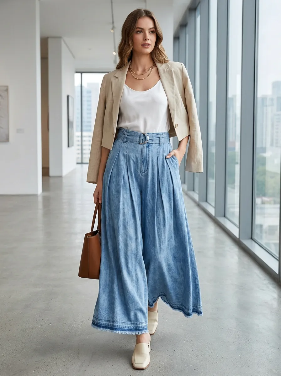 Women's Casual Fashion High Waisted Pleated Denim Wide Leg Pants
