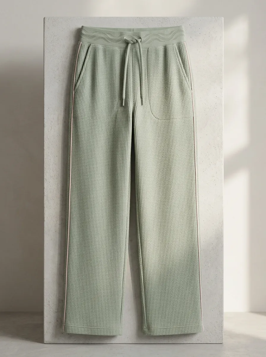 Women's Sage Green Waffle Knit Side Striped Drawstring Pants