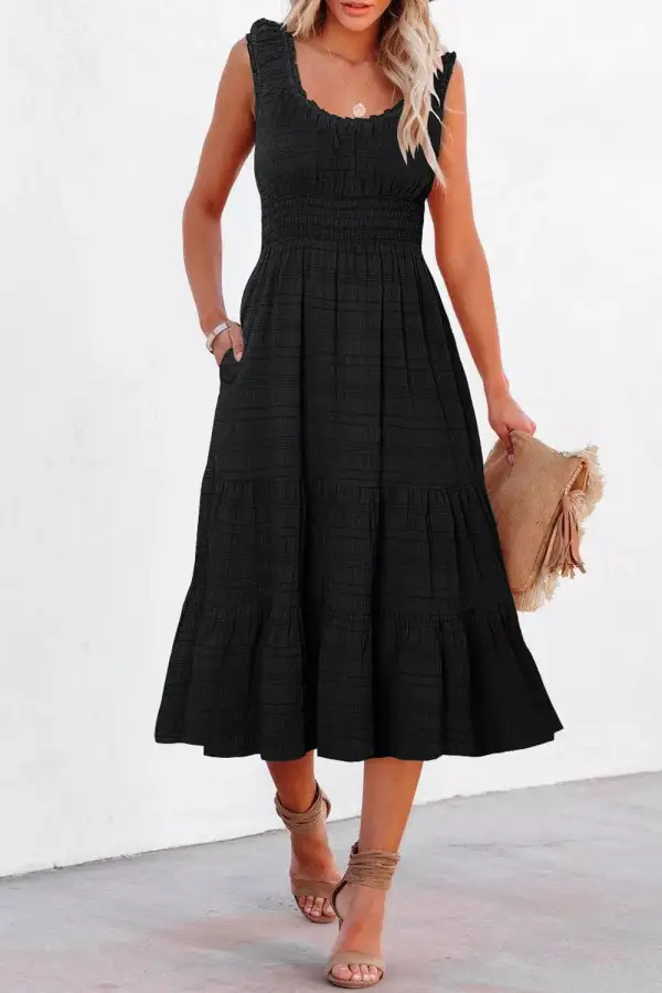 Pocketed Tiered Smocked Dress Casual