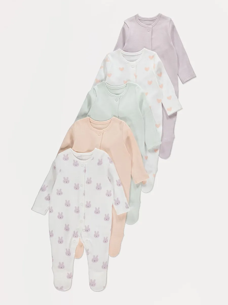 Pastel Heart Bunny Sleepsuits 5 Pack