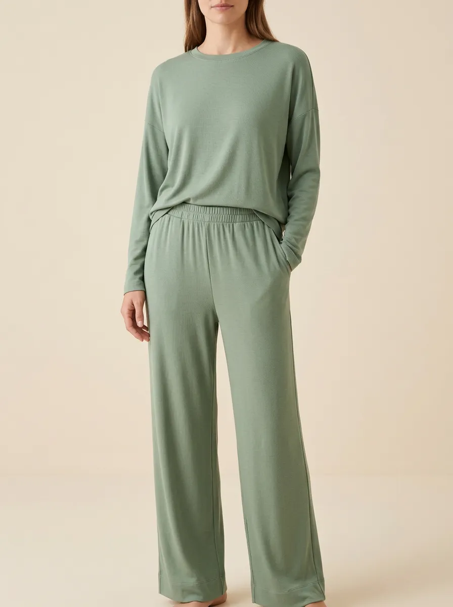 Women's Fluid-Drape Crew-Neck Wide-Leg Lounge Set