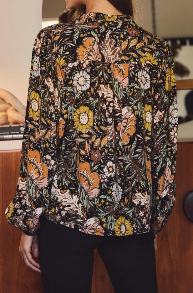 Black Floral Long Sleeve V-Neck Blouse