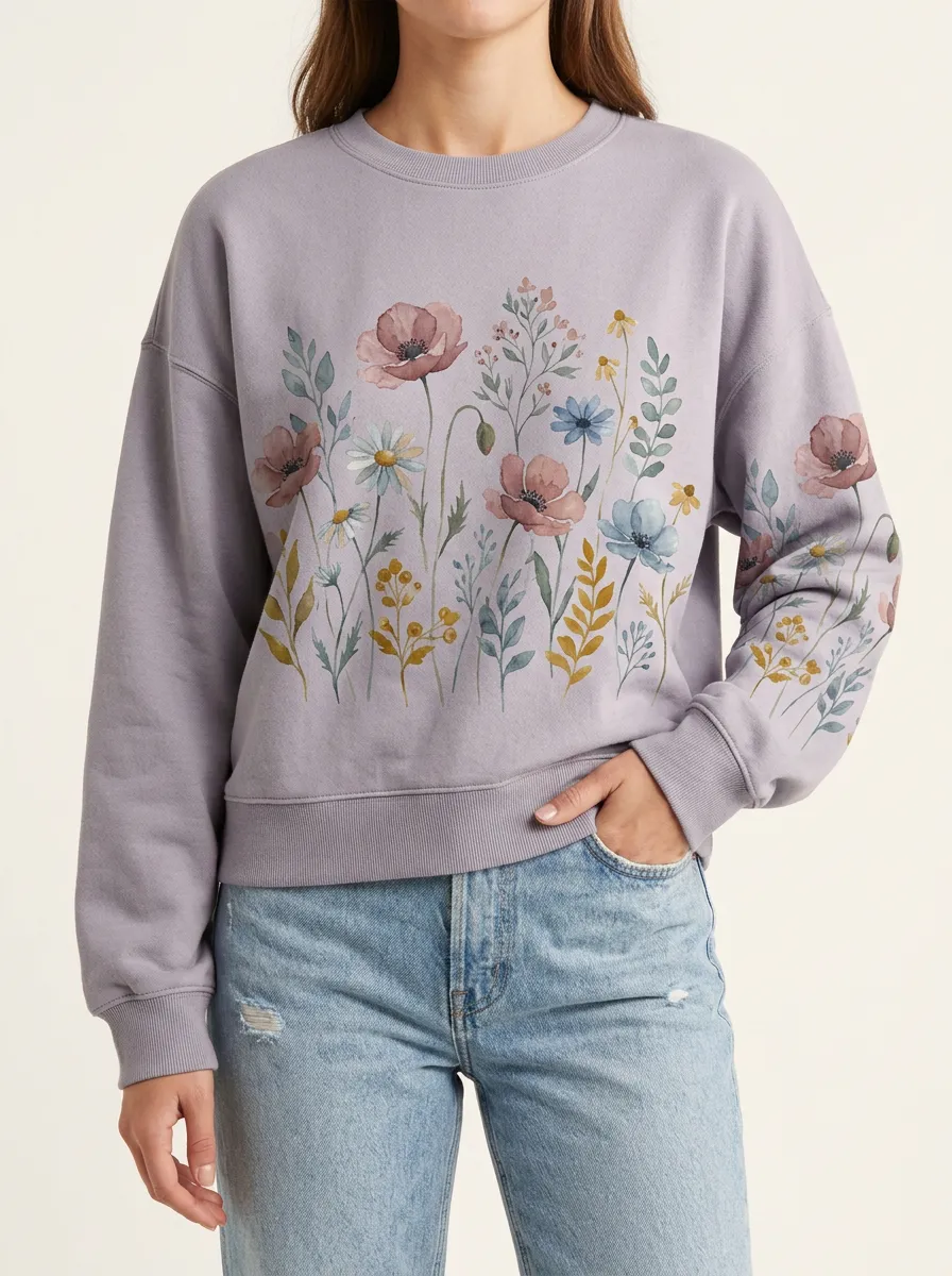 Women's Crewneck Sweatshirt with Wildflower Motifs