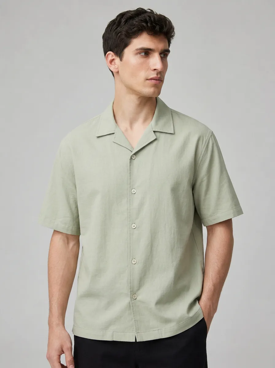 Men's Sage Green Breathable Cotton Linen Camp Collar Shirt