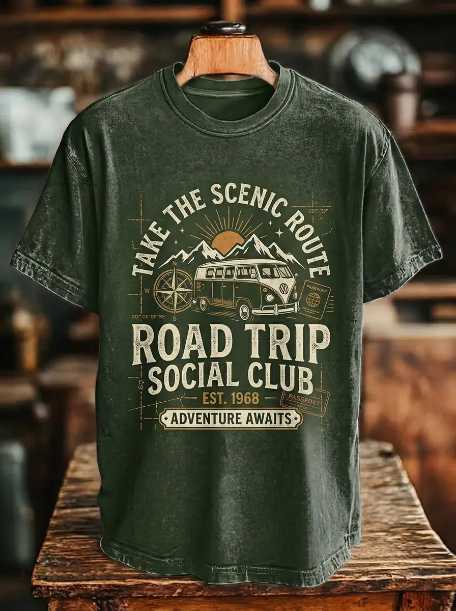 Unisex Road Trip Lover Vintage Van Mountain Printed T-shirt