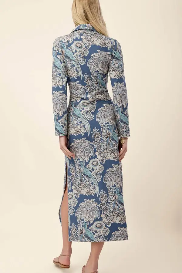 Blue Bird Print Long Sleeve Midi Dress