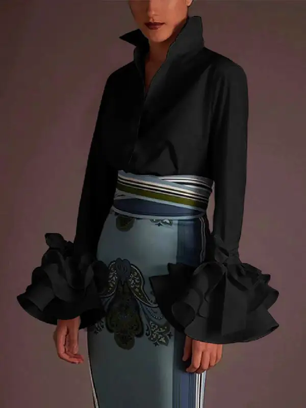 Women's Cotton Ruffled Lapel-Collar Blouse