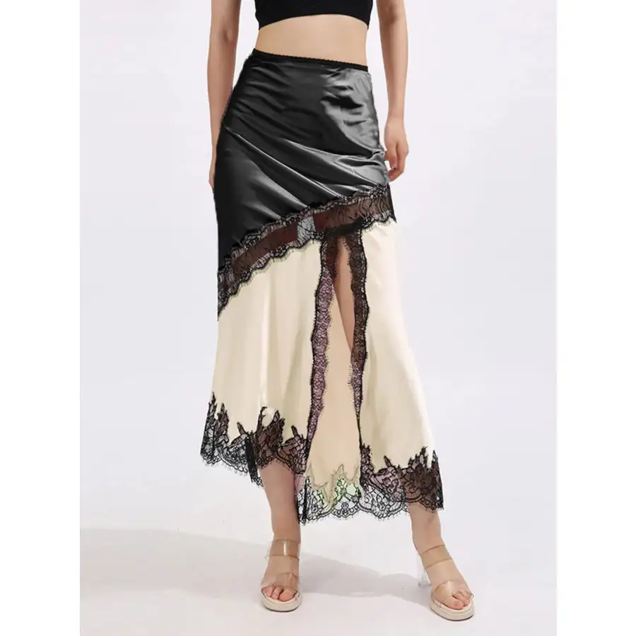 Lace Trim Asymmetrical Midi Skirt