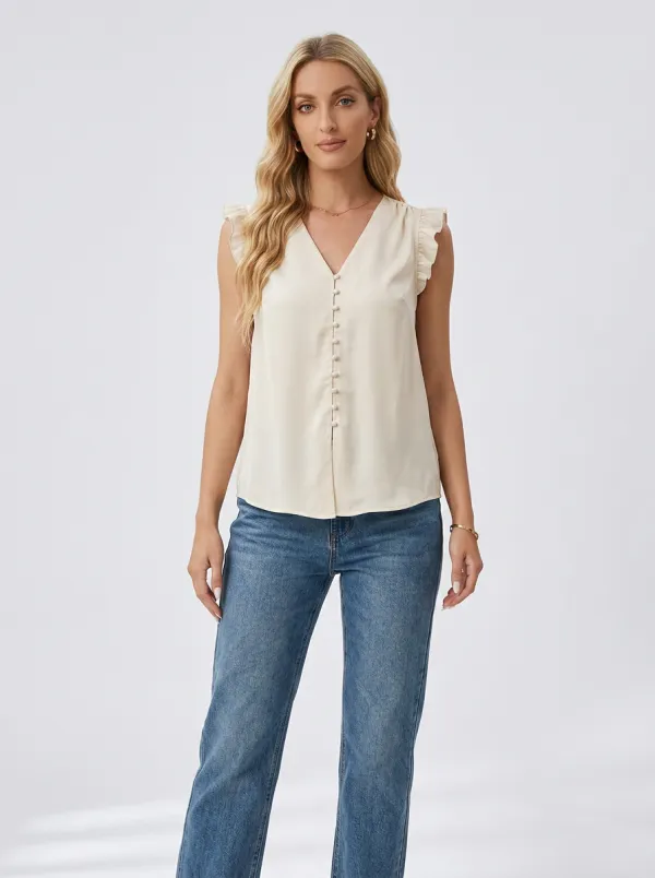 V-Neck Ruffle Sleeve Button Down Blouse
