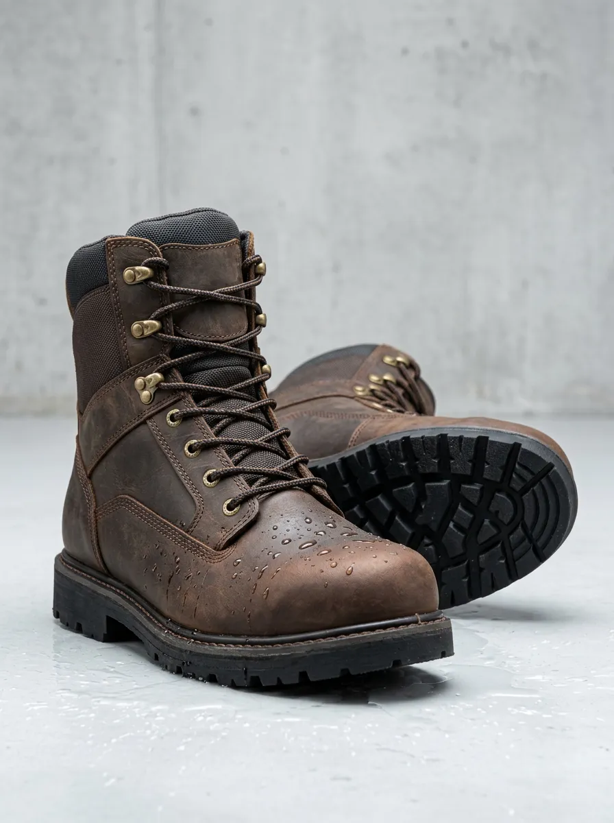 Unisex Brown Leather Waterproof Lace-up Work Boots
