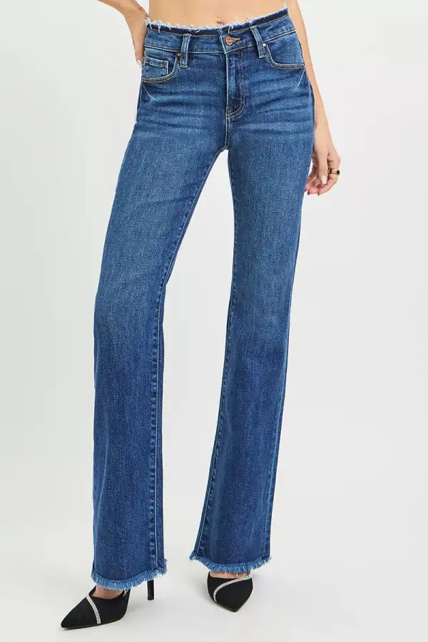 Mid Rise Frayed Hem Bootcut Jeans