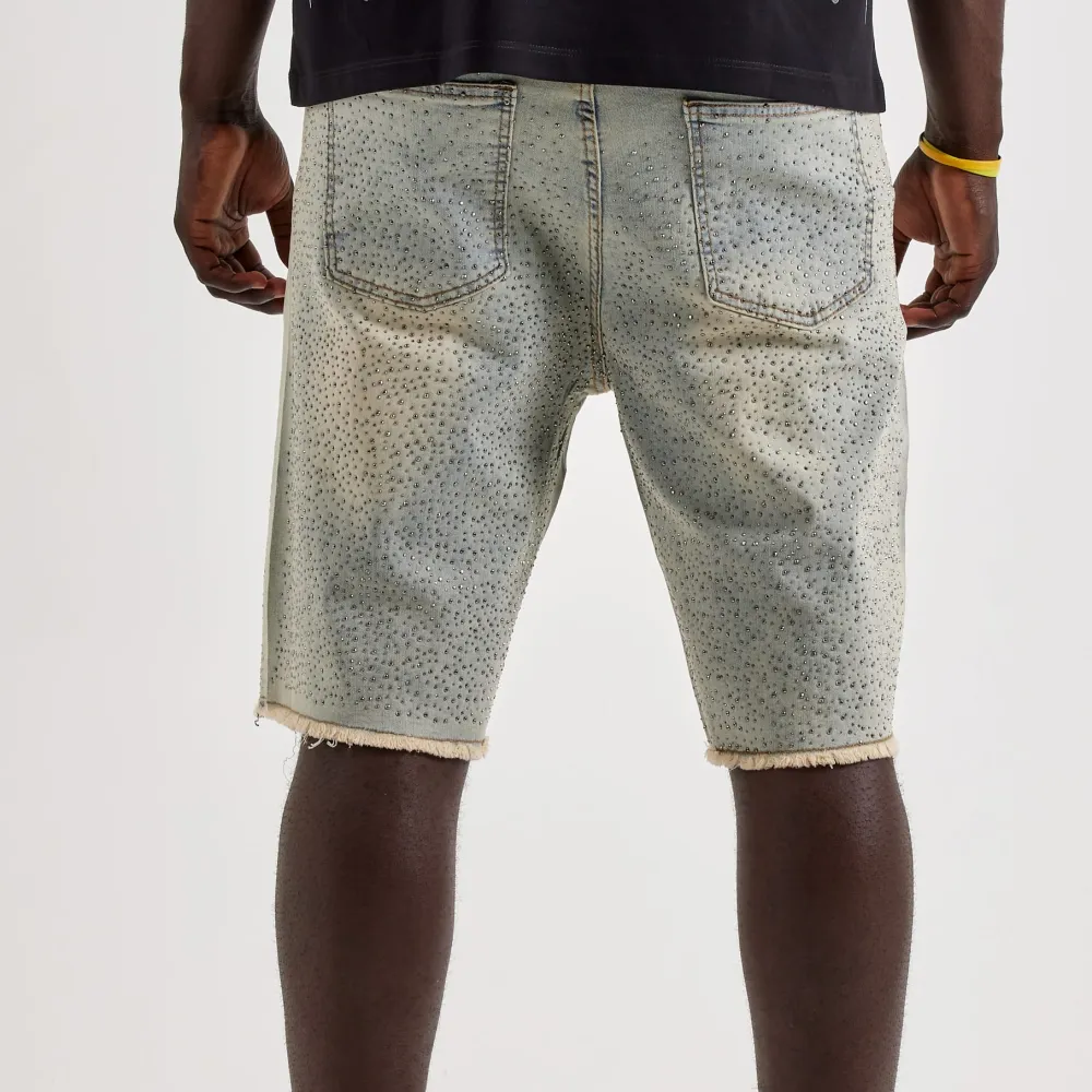 Relaxed Distressed Rhinestone Denim Shorts