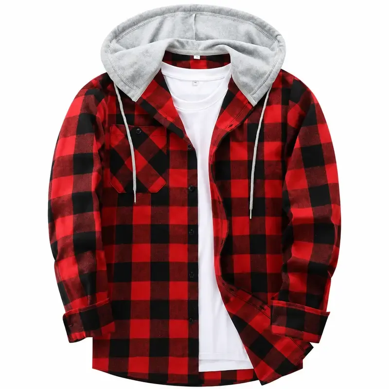 Men's Plus-Size Plaid Flannel Hooded Long-Sleeve Shirt Jacket