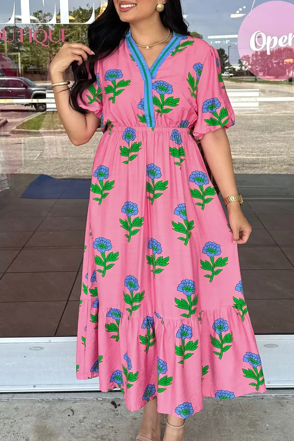 Floral Striped V Neck Dress Casual