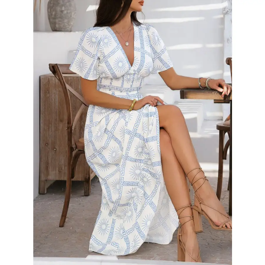 Smocked Printed V Neck Short Sleeve Maxi Dress
