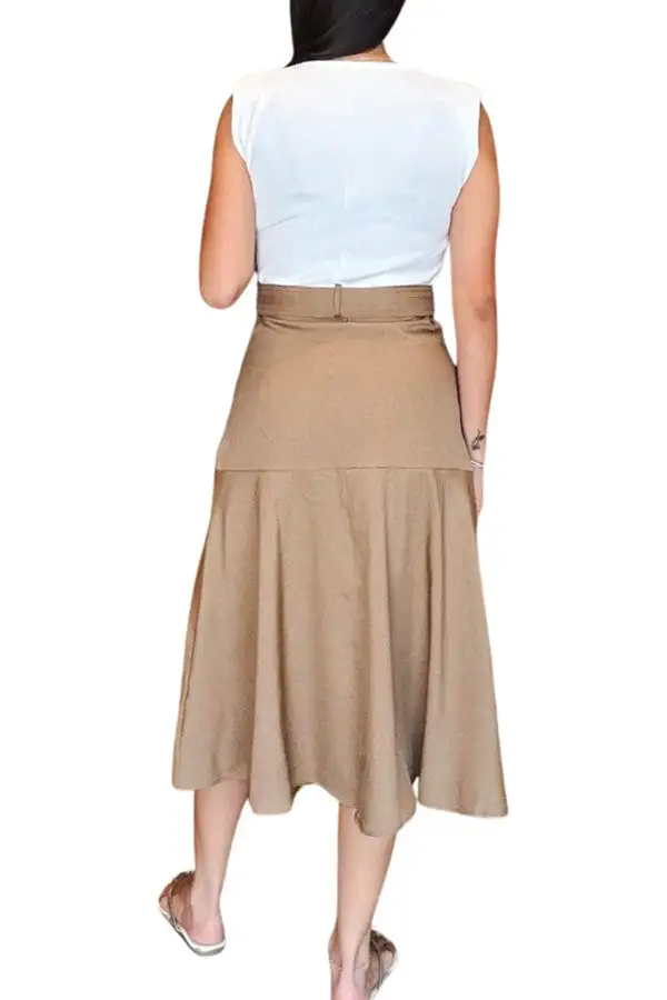 Women's Beige Belted Midi Wrap Dress