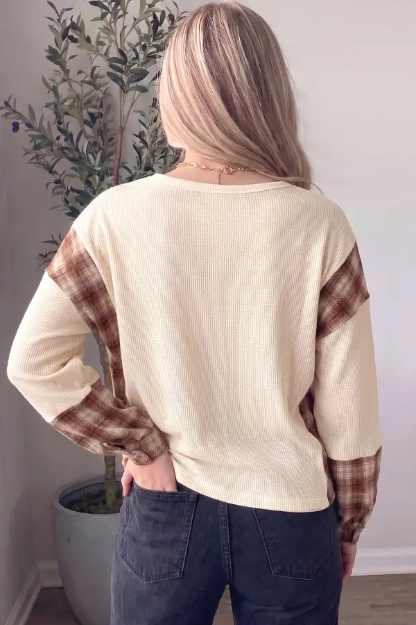 Plaid V Neck Waffle Knit Relaxed Cotton Blend Long Sleeve Top