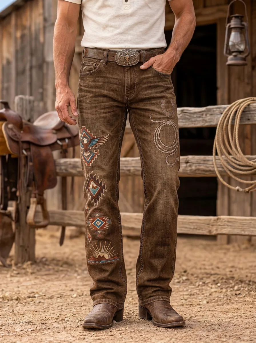 Men's Western Cowboy Horseshoe Horse Lasso Jeans
