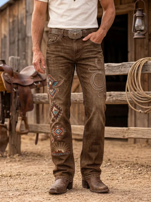Men's Western Cowboy Horseshoe Horse Lasso Jeans