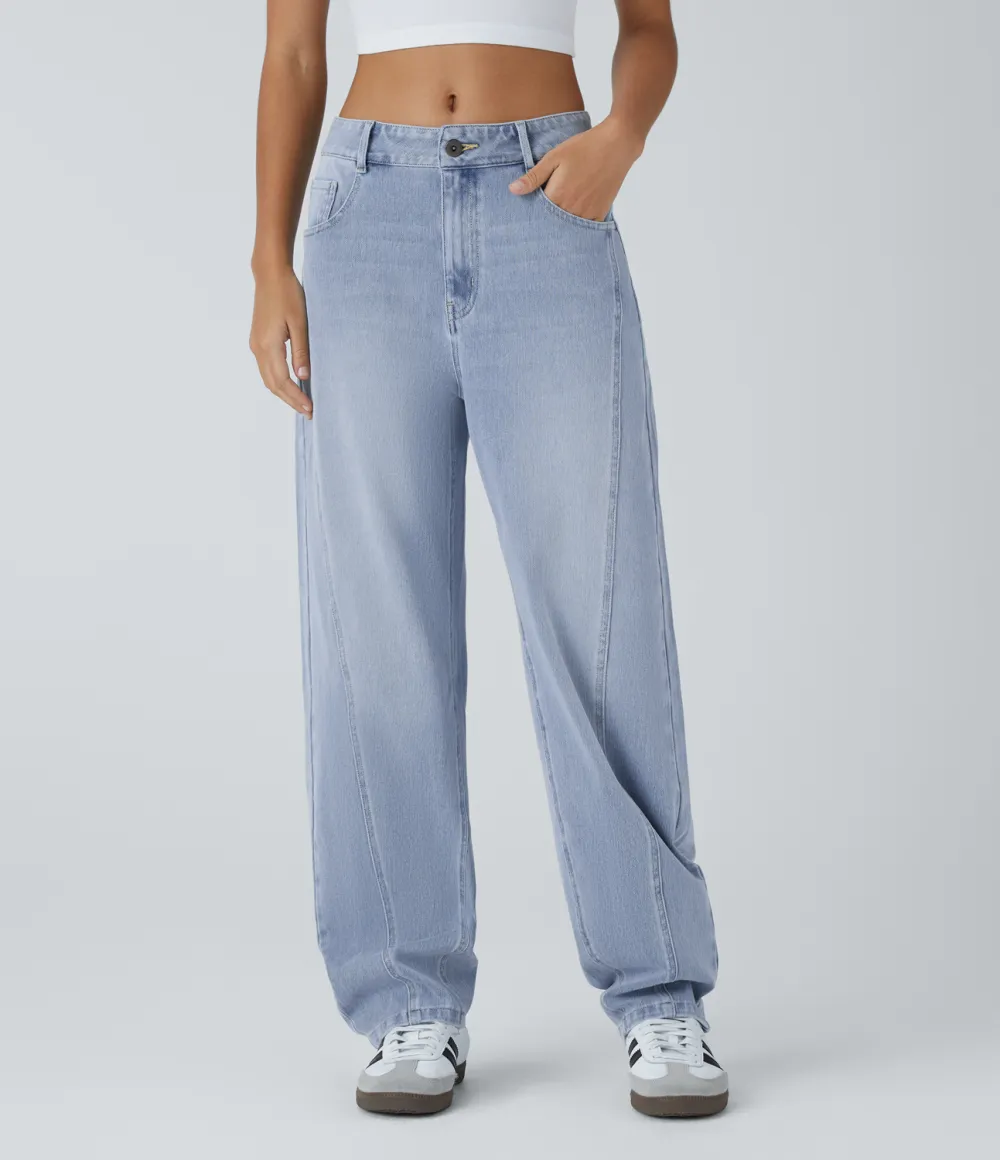 Magic Mid Low Rise Button Zipper Multiple Pockets Washed Stretchy Knit Casual Mom Jeans