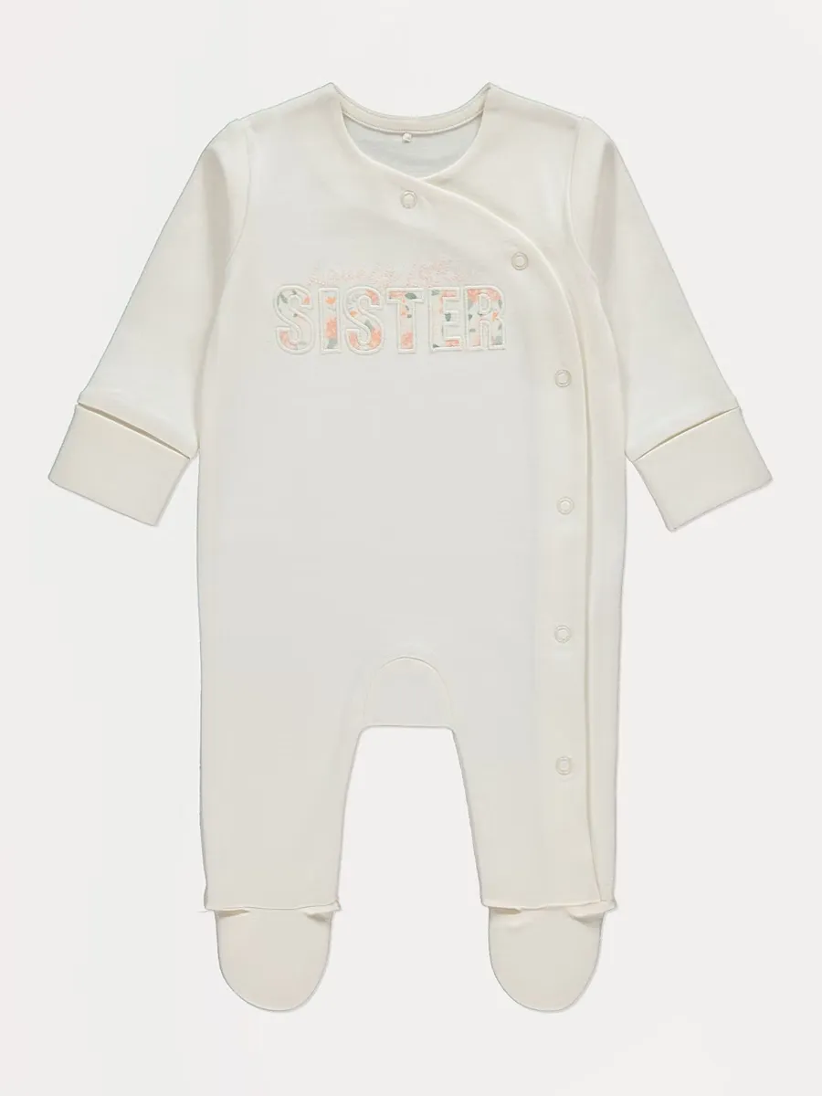 Cream Lovely Little Sister Embroidered Sleepsuit