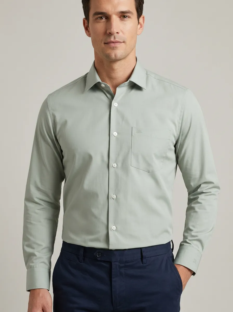 Men's Non-Iron Cotton Sage Green Embroidered Logo Button Down Shirt