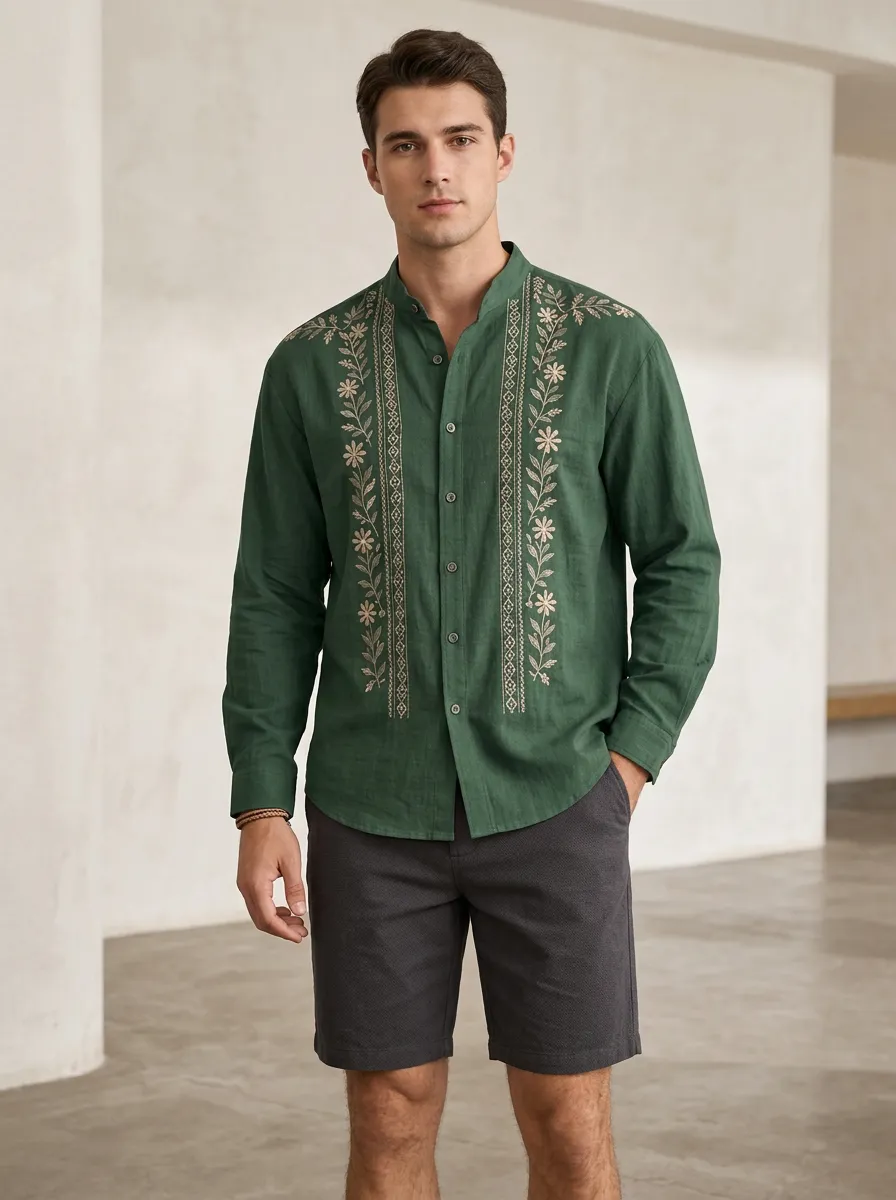 Men's Floral Embroidered Mandarin Collar Shirt