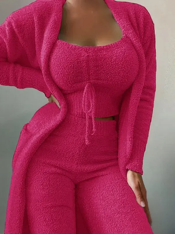 Plush Three Piece Lace Up Pajama Set Casual Suit Home Wear