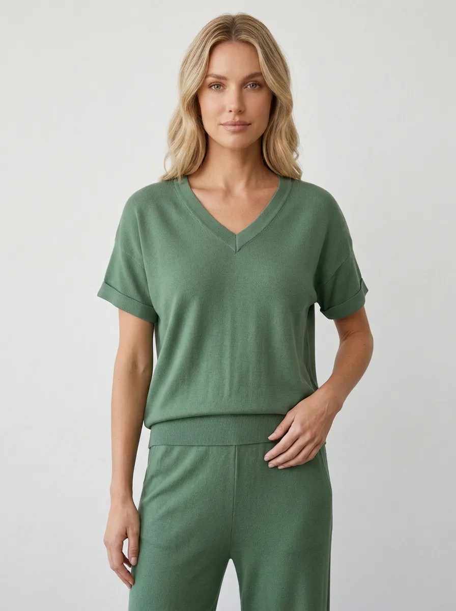 Short-Sleeve Cuffed-Sleeve Knit Women's V-Neck Shirt