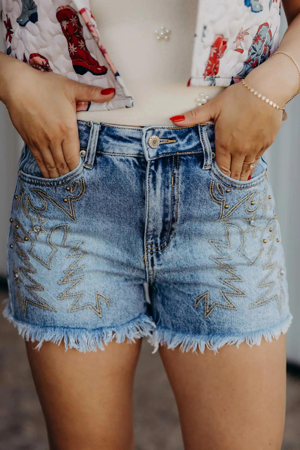 Western Embroidery Stud Denim Shorts Summer Daily Wear